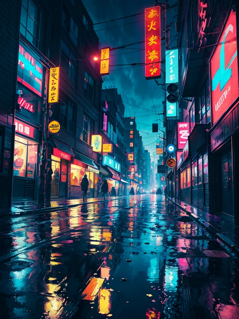 A painting of a city street with reflections of buildings, City Reflections, kilian eng bright colors, Neon reflections in the puddles, kilian eng bright colors, surreal reflection, Reflection on wet street, Layers of colorful reflections, City Reflection, Colorful city, Gloss reflection, author：Dan Christensen, Neon reflections, wet reflections