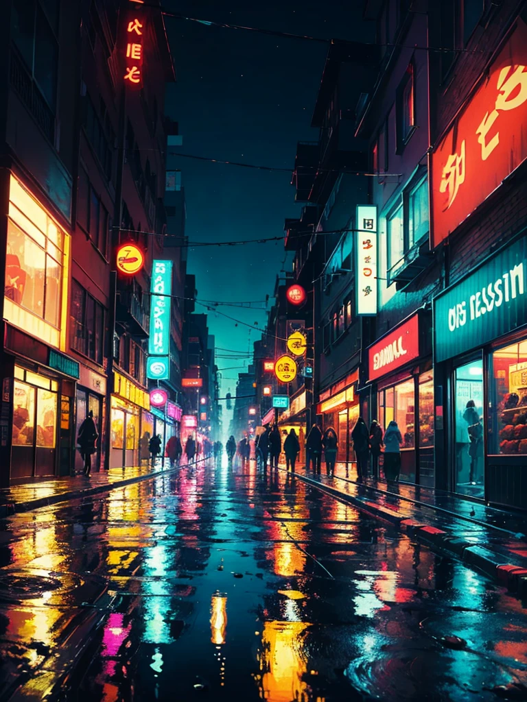 A painting of a city street with reflections of buildings, City Reflections, kilian eng bright colors, Neon reflections in the puddles, kilian eng bright colors, surreal reflection, Reflection on wet street, Layers of colorful reflections, City Reflection, Colorful city, Gloss reflection, author：Dan Christensen, Neon reflections, wet reflections
