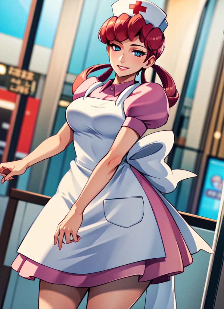 ((best quality)), ((highly detailed)), detailed face, beautiful face, , (1girl), (solo), dynamic pose, cowboy shot, ((wide shot)), nurse joy (pokemon), pink hair, hair rings, blue eyes, smiling, cap, pink dress, puffy sleeves, apron, (inside, in a shopping mall)