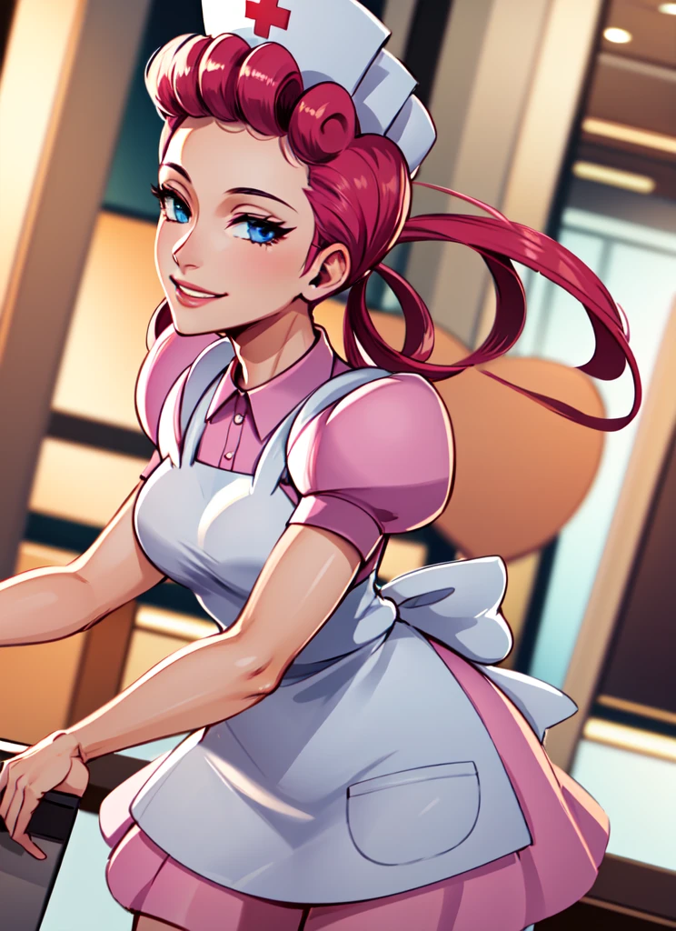 ((best quality)), ((highly detailed)), detailed face, beautiful face, , (1girl), (solo), dynamic pose, cowboy shot, ((wide shot)), nurse joy (pokemon), pink hair, hair rings, blue eyes, smiling, cap, pink dress, puffy sleeves, apron, (inside, in a shopping mall)