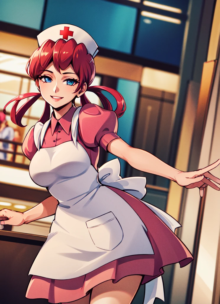 ((best quality)), ((highly detailed)), detailed face, beautiful face, , (1girl), (solo), dynamic pose, cowboy shot, ((wide shot)), nurse joy (pokemon), pink hair, hair rings, blue eyes, smiling, cap, pink dress, puffy sleeves, apron, (inside, in a shopping mall)