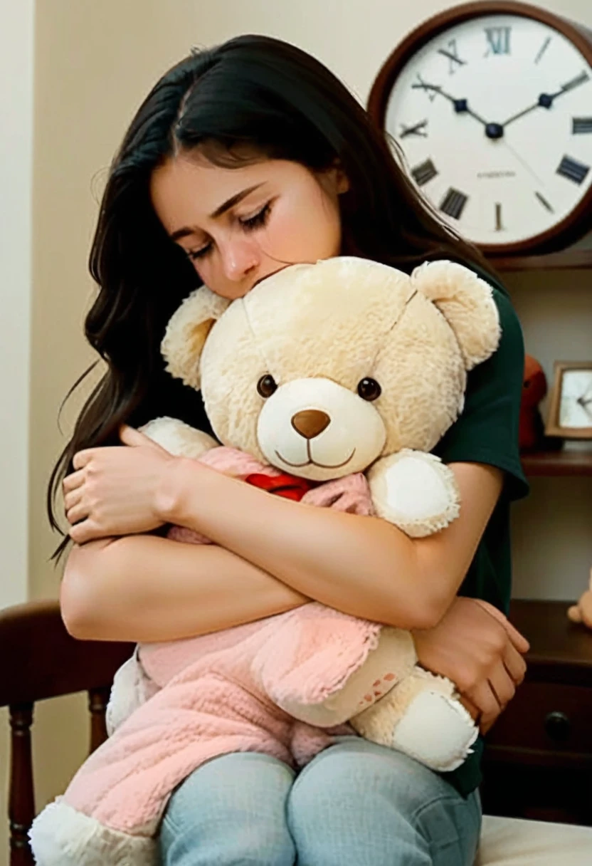 
animated cartoon: of a sad girl hugging a teddy bear and in the background there is a clock (It has to represent how fast you have to grow and how painful it is)