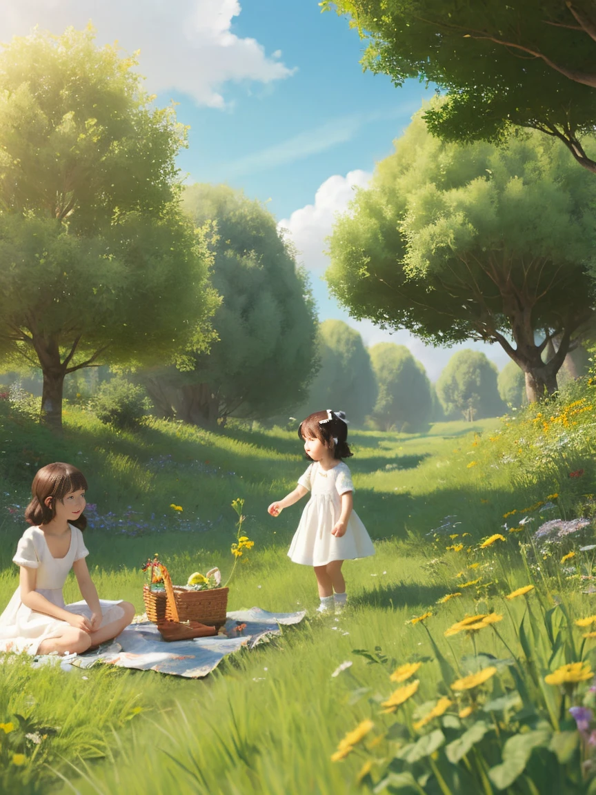 (A girl and a white bear，Play in the fields, cute white bear, Cute girls), Ghibli background style, Yuru Chara Style，Cute storybook illustrations, , 柔和light, cream, Giorgio Morandi colors, Thick Line Graph, Full color illustrations, Picnic in the forest, Cover Illustration, landscape，truck，grassland fields，grassland，plant，Natural Style, (light:1.0)，masterpiece，Best quality,
