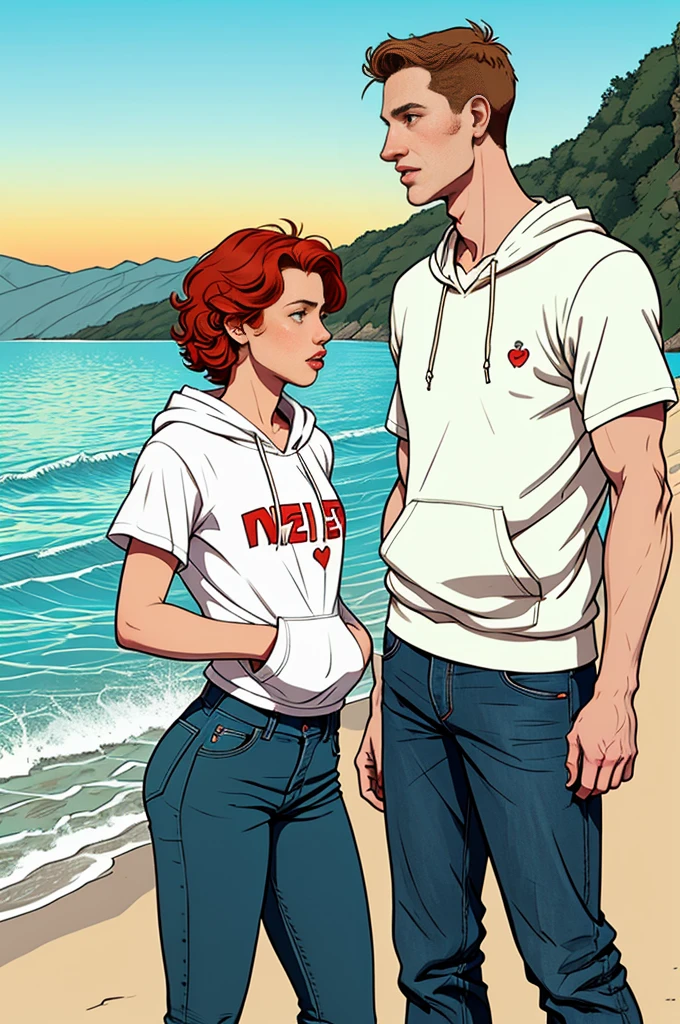 Create a retro illustration heartwarming scene from 'Heartstopper' featuring Nick Nelson and Charlie Spring at the beach.Both are white mans. Nick Nelson is a tall, athletic ager with short, wavy blond/red hair and a kind expression. He often wears casual clothing like a t-shirt and jeans. Charlie Spring is slightly shorter, with dark curly hair and caucasian and a more slender build.he is white. He has a gentle, thoughtful expression and typically wears a hoodie and sneakers. Use soft, warm colors to emphasize the emotional connection between the characters