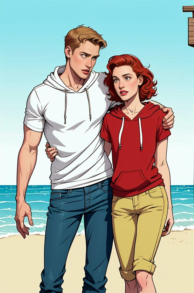 Create a retro illustration heartwarming scene from 'Heartstopper' featuring Nick Nelson and Charlie Spring at the beach.Both are white mans. Nick Nelson is a tall, athletic teenager with short, wavy blond/red hair and a kind expression. He often wears casual clothing like a t-shirt and jeans. Charlie Spring is slightly shorter, with dark curly hair and caucasian and a more slender build.he is white. He has a gentle, thoughtful expression and typically wears a hoodie and sneakers. Use soft, warm colors to emphasize the emotional connection between the characters