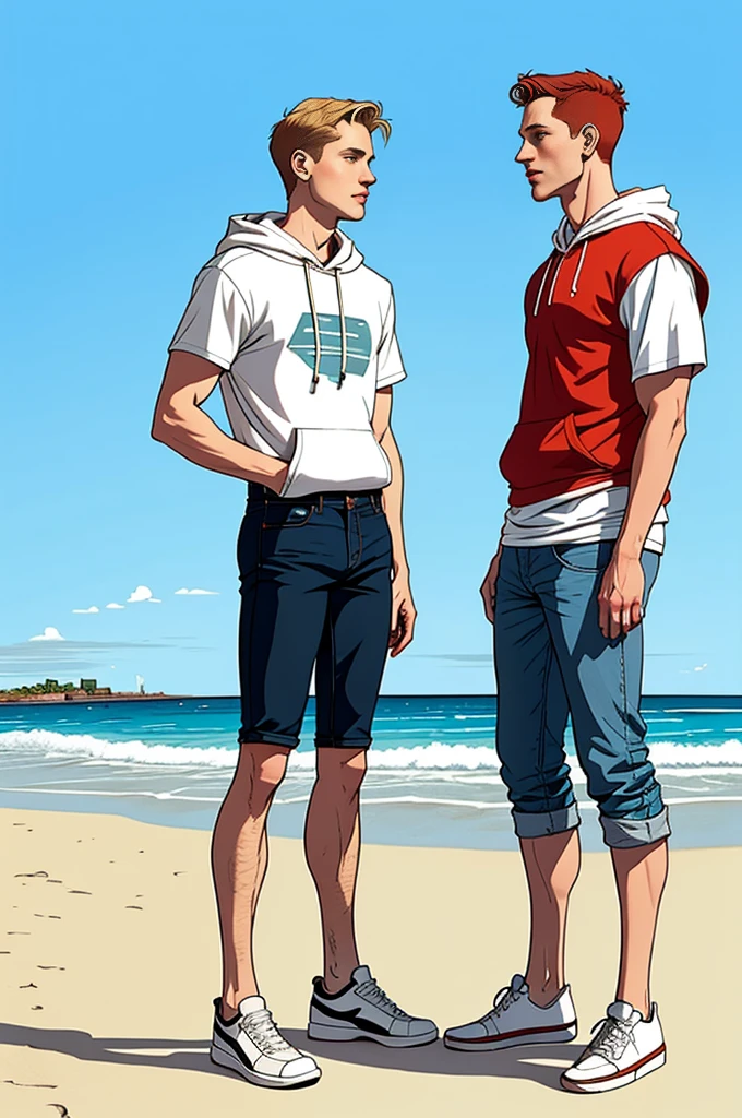 Create a retro illustration heartwarming scene from 'Heartstopper' featuring Nick Nelson and Charlie Spring at the beach.Both are white mans. Nick Nelson is a tall, athletic teenager with short, wavy blond/red hair and a kind expression. He often wears casual clothing like a t-shirt and jeans. Charlie Spring is slightly shorter, with dark curly hair and caucasian and a more slender build.he is white. He has a gentle, thoughtful expression and typically wears a hoodie and sneakers. Use soft, warm colors to emphasize the emotional connection between the characters