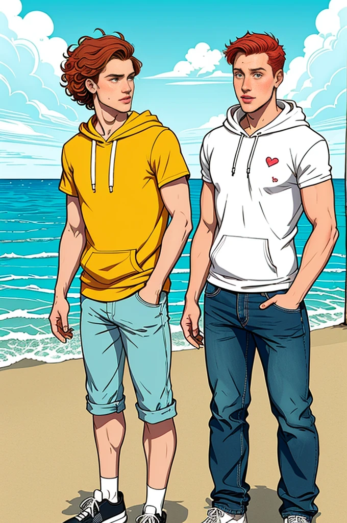 Create a retro illustration heartwarming scene from 'Heartstopper' featuring Nick Nelson and Charlie Spring at the beach.Both are white mans. Nick Nelson is a tall, athletic teenager with short, wavy blond/red hair and a kind expression. He often wears casual clothing like a t-shirt and jeans. Charlie Spring is slightly shorter, with dark curly hair and caucasian and a more slender build.he is white. He has a gentle, thoughtful expression and typically wears a hoodie and sneakers. Use soft, warm colors to emphasize the emotional connection between the characters