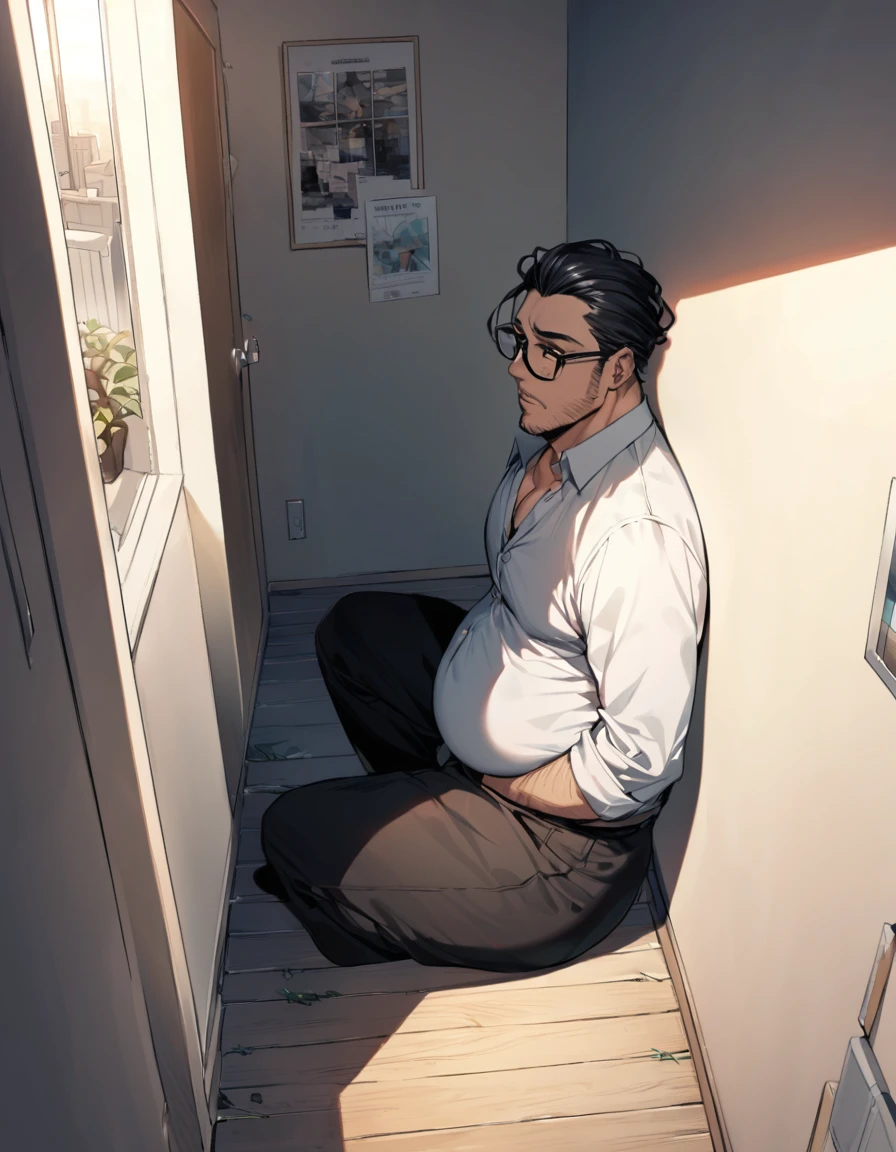1male,solo,plump,black_hair,two-block_cut_hair,curly_hair,hair_slicked_back,black_eyewear,glasses,stubble, white_business_shirt,black_pants,bare_foots, In the corner of the apartment at dusk, where the western sun shines through, he sits leaning against the wall, seemingly dead in his sleep.