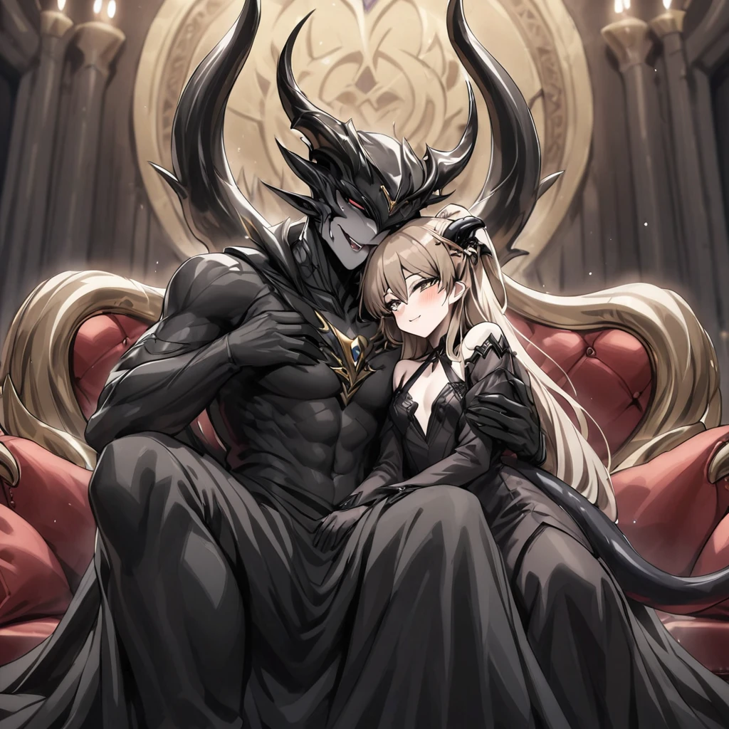 ((Highest quality)), ((masterpiece)), (detailed), (Perfect Face)、The woman is a jet-black devil、The woman is a jet-black female demon with magnificent demon horns and a jet-black tail, her skin is the same black as the Demon King, and she is wearing a seductive and luxurious jet-black dress of the Demon Queen. Her name is Princess Leona, a jet-black demon with medium-long light brown hair. The man and woman are cuddling happily on a large sofa.、The woman is sitting happily on a large sofa, snuggled up to her beloved husband, the powerful demon king.、A strong demon king is sitting on a large sofa in front of a luxurious demon altar, embracing his wife, the demon queen Leona.、The woman is holding her young daughter、Happy Demon King Family、Father, mother and daughter family gathering