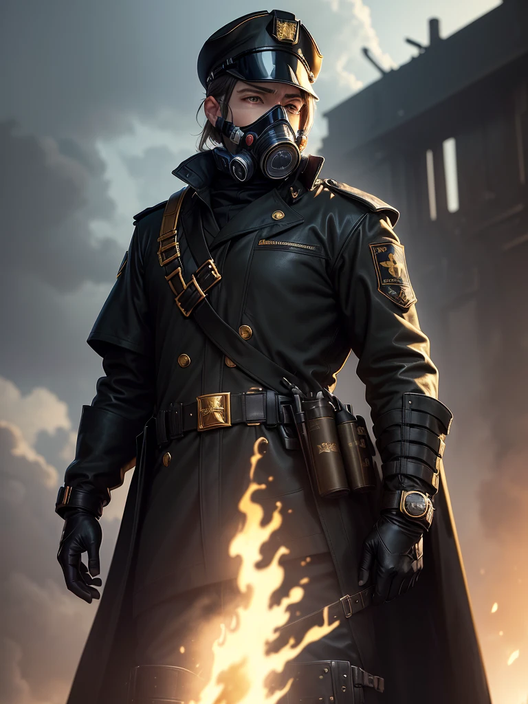 ((best quality)), ((masterpiece)), ((anime)), portrait of officer, wearing black trench coat, (gas mask:1.2) and (black captain cap:1.3), (golden shoulder straps: 1.2), black leather gloves, proud, tall, (epic pose) (sky in the background) (8k resolution:1.2)