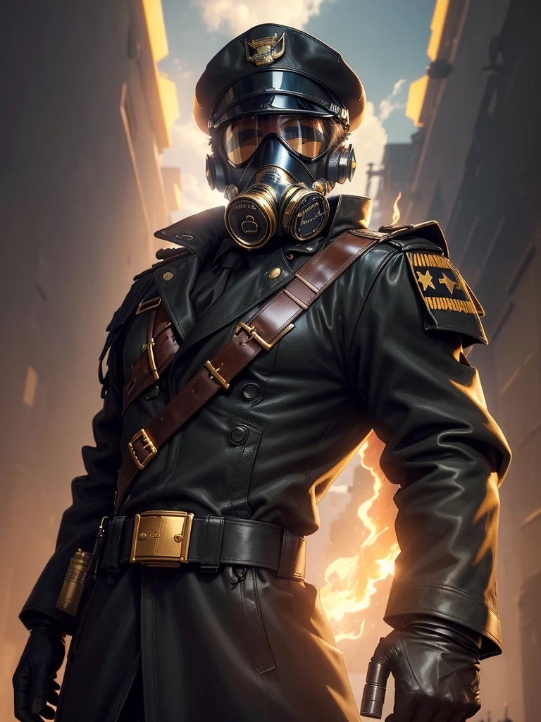 ((best quality)), ((masterpiece)), ((anime)), portrait of officer, wearing black trench coat, (gas mask:1.2) and (black captain cap:1.3), (golden shoulder straps: 1.2), black leather gloves, proud, tall, (epic pose) (sky in the background) (8k resolution:1.2)