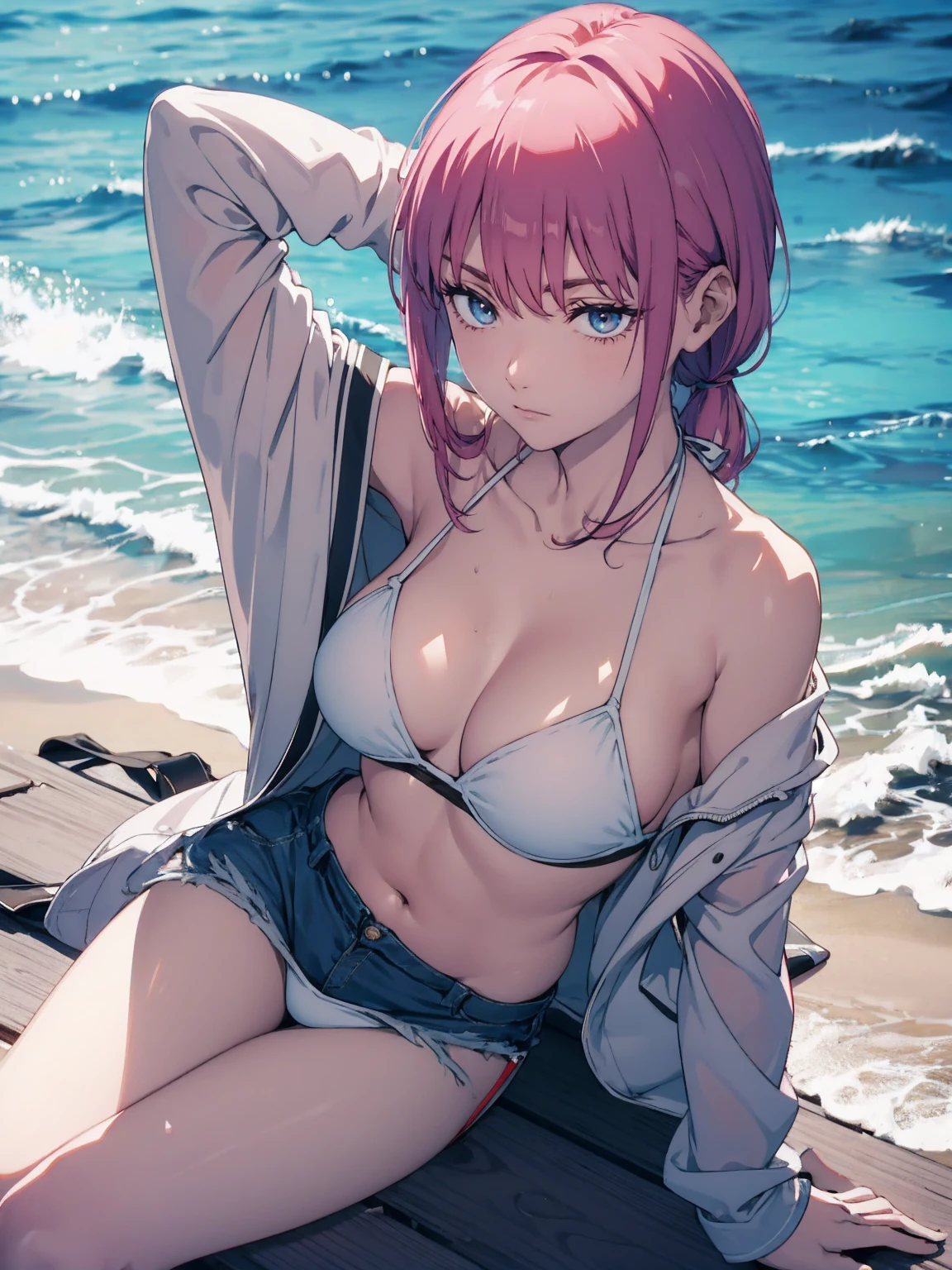 White off-the-shoulder bikini on the beach in Palau(Sweat, Bikini without shoulder straps、No shoulder strap、Show your shoulders)Surreal Japanese Portraits,Works that influenced Antonio Lopez'technology, Close zipper, Ron Mueck, Richard Estes, Marilyn Minter、Purple and blue gradation eyes enveloped in the mystery of the universe,(String Bikini:1.2)、Perfect lighting, (Perfect hands, Perfect Anatomy)、whole body(1:2)、that'that'the wind is strong、Excellent style,Complete body balance、Dynamic Acid Pose(1:2)、(16:Specializing in aspect ratio 9),sunglasses、Stiletto heels
