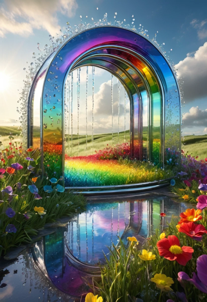 Better Quality, very well, 16K, Incredibly absurd, Very detailed, delicate and dynamic, A mysterious and gigantic artistic structure made of chrome frames and glass, After the Rain, Sunlight shines through the gaps in the clouds, Glass reflects the colors of the rainbow、The analyzer appears, Many rainbow-colored petals are floating, The grass is covered in mist, Create amazing image effects