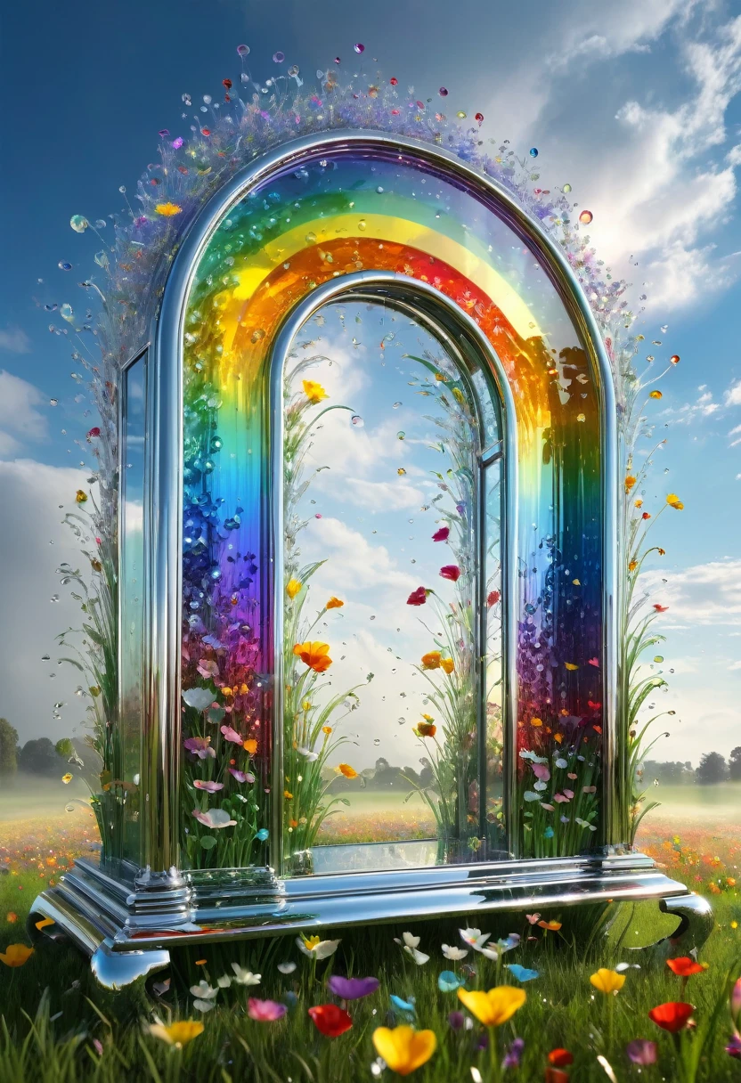 Better Quality, very well, 16K, Incredibly absurd, Very detailed, delicate and dynamic, A mysterious and gigantic artistic structure made of chrome frames and glass, After the Rain, Sunlight shines through the gaps in the clouds, Glass reflects the colors of the rainbow、The analyzer appears, Many rainbow-colored petals are floating, The grass is covered in mist, Create amazing image effects