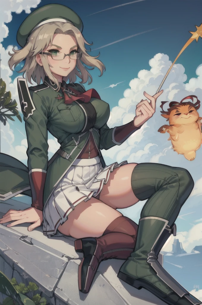 masterpiece, best quality, imu, glasses, beret, red ascot, military uniform, large breasts, white skirt, red thighhighs, green boots, sitting, from side, looking up, smile, sky, clouds 