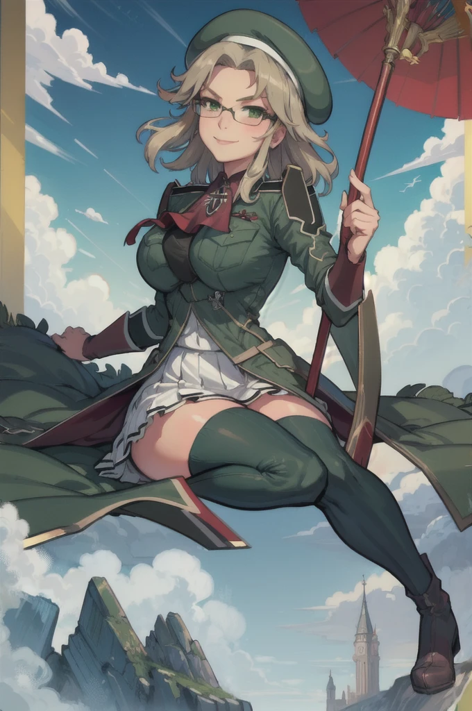 masterpiece, best quality, imu, glasses, beret, red ascot, military uniform, large breasts, white skirt, red thighhighs, green boots, sitting, from side, looking up, smile, sky, clouds 