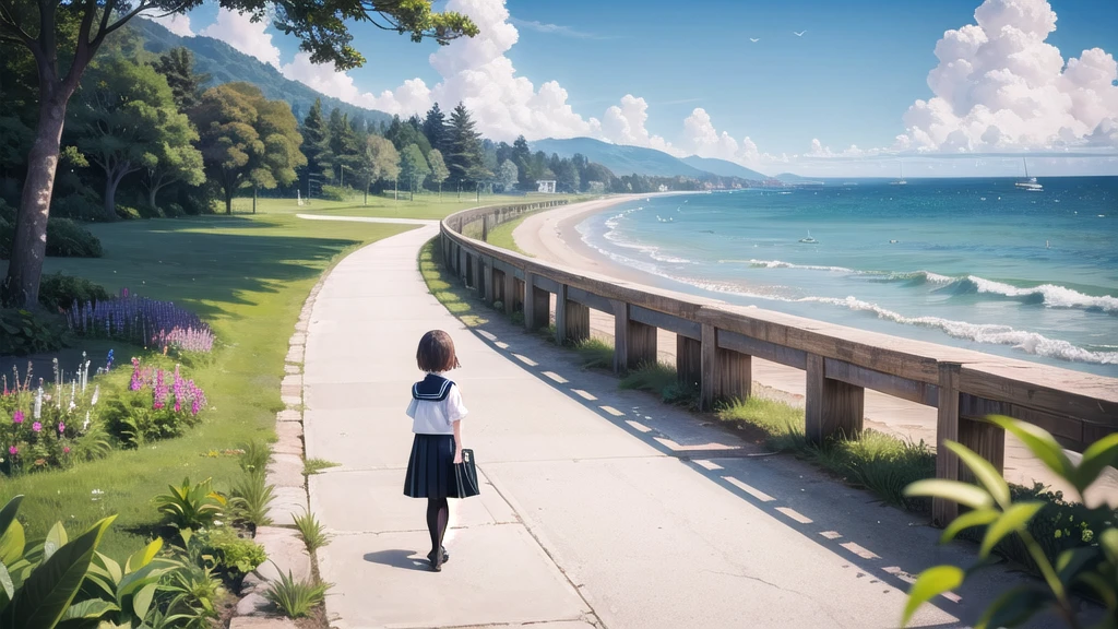 (masterpiece),  town,  blue sky,  One Girl, Place the person on the right,  smile,  alone,  Sailor suit、Long skirt,  Overgrown,  petal,  plant、Skirt lining、White slip、nostalgic、Black Pantyhose、I can see the ocean in the distance, Crotch close-up