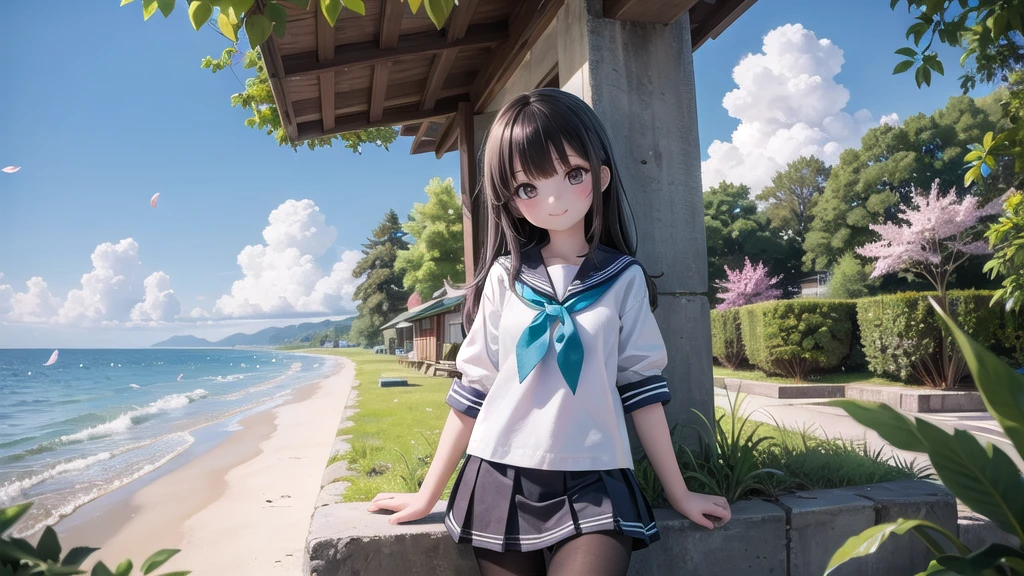 (masterpiece), town, blue sky, One Girl, Place the person on the right, smile, alone, Sailor suit、Long skirt, Overgrown, petal, plant、Skirt lining、White slip、nostalgic、Black Pantyhose、I can see the ocean in the distance, Crotch close-up