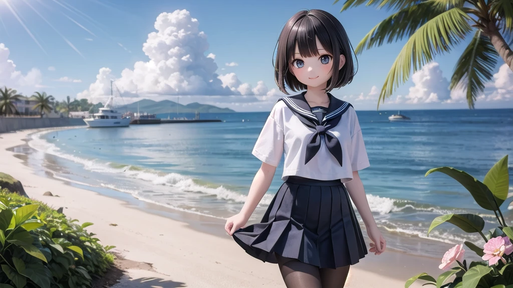(masterpiece), town, blue sky, One Girl, Place the person on the right, smile, alone, Sailor suit、Long skirt, Overgrown, petal, plant、Skirt lining、White slip、nostalgic、Black Pantyhose、I can see the ocean in the distance, Crotch close-up