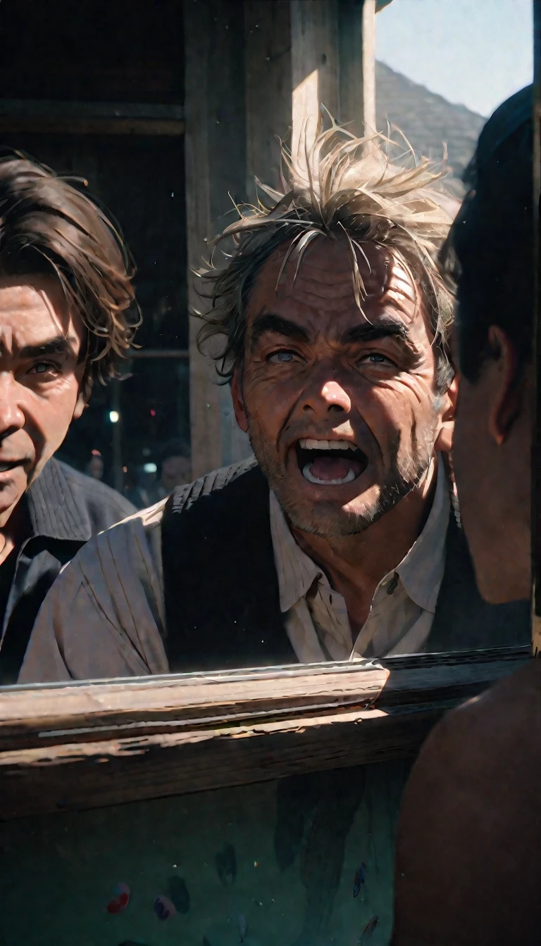 (8K, RAW photos, best quality, masterpiece: 1.4), (((Four middle-aged men gambling)))，Ultra-high resolution, Extremely detailed, light, Close-up of the second floor window, Greasy man, Scruffy hair, Dark skin,dark, Sleeveless vest, Open your mouth to argue,(perfect anatomy:1.2), High-quality shadows, Natural Lighting, (White highlights:1.2), night, cloudy day, (Looking inside the house from the second floor window:1.2), (Room:1.2)