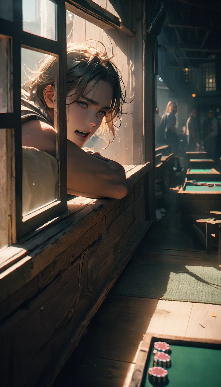 (8K, RAW photos, best quality, masterpiece: 1.4), (((Four middle-aged men gambling)))，Ultra-high resolution, Extremely detailed, light, Close-up of the second floor window, Greasy man, Scruffy hair, Dark skin,dark, Sleeveless vest, Open your mouth to argue,(perfect anatomy:1.2), High-quality shadows, Natural Lighting, (White highlights:1.2), night, cloudy day, (Looking inside the house from the second floor window:1.2), (Room:1.2)
