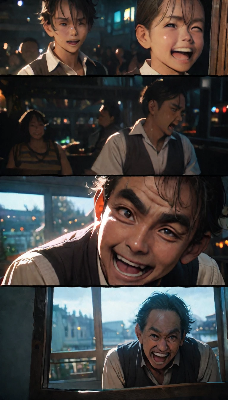(8K, RAW photos, best quality, masterpiece: 1.4), (((Four middle-aged men gambling))),Ultra-high resolution, Extremely detailed, light, Close-up of the second floor window, Greasy man, Scruffy hair, Dark skin,dark, Sleeveless vest, Open your mouth to argue,(perfect anatomy:1.2), High-quality shadows, Natural Lighting, (White highlights:1.2), night, cloudy day, (Looking inside the house from the second floor window:1.2), (Room:1.2)