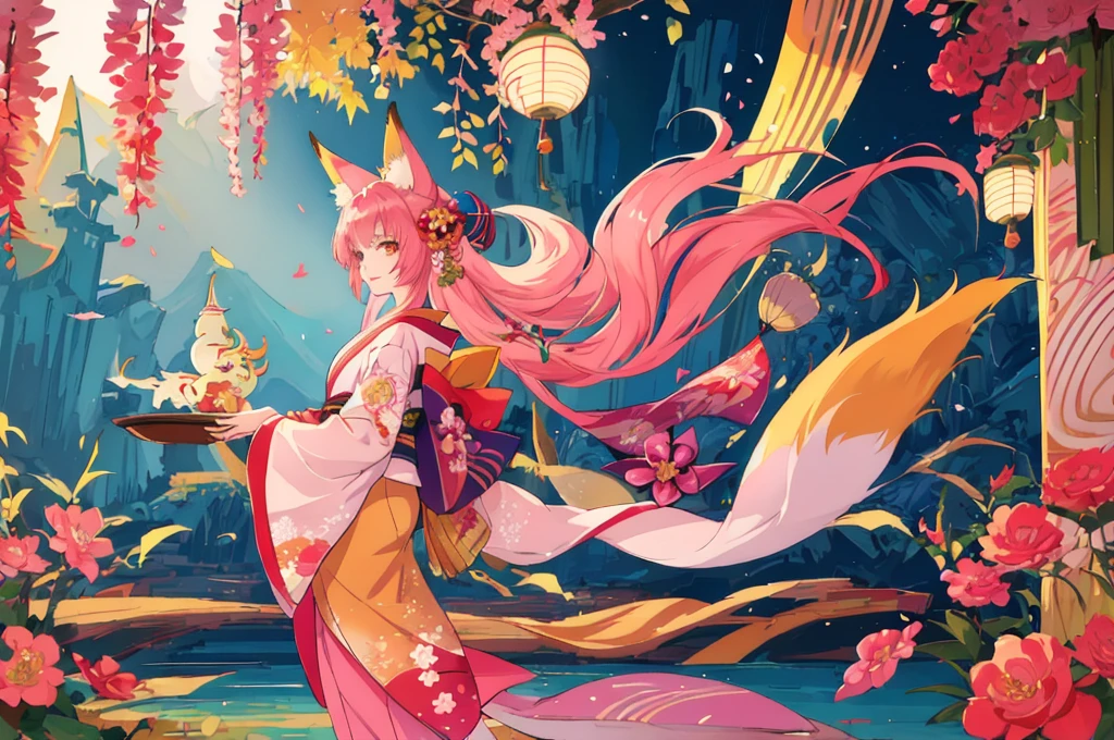 scg, 1girl, (anime:1.3), absurdly long hair, fox ears, fox tail, facepaint, makeup, yellowfox
kimono, japanese clothes, pink kimono maidkimono
(best quality:1.05), (masterpiece:1.1025), (highres:1.05), (an extremely delicate and beautiful:1.05), original, extremely detailed wallpaper,1girl