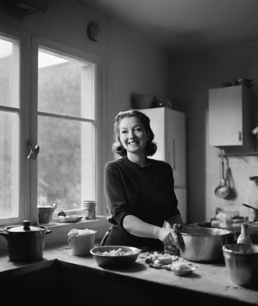 , > in the style of nklnor, film-noir,                black & yellow, industrial, heavy duty, modular,           A highly detailed mother in her kitchen preparing meal, window sunny day, happy, smiling,