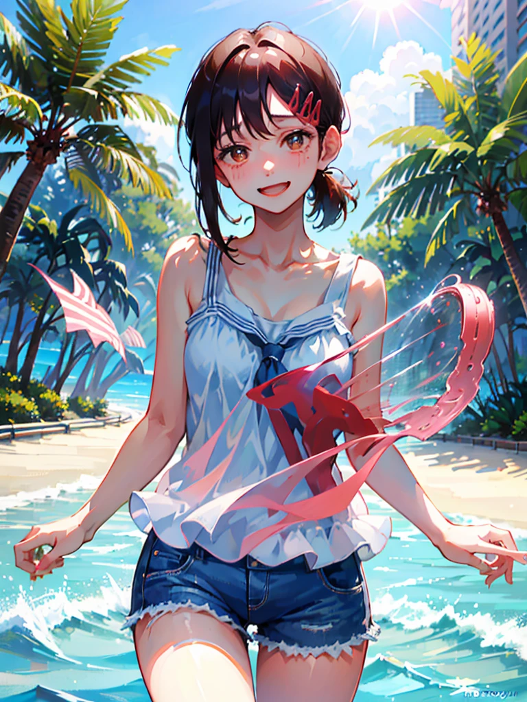 masterpiece, mafuyu, 1girl, solo, upper body, standing, looking at viewer, bare shoulders, smiling, outdoors, detailed face, beach, sailor suit, sunshine, denim, denim shorts, short shorts, tank top, jewelry