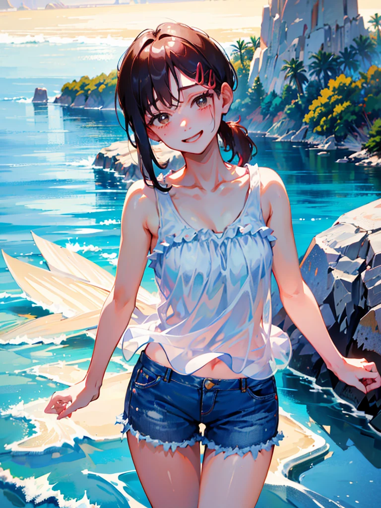 masterpiece, mafuyu, 1girl, solo, upper body, standing, looking at viewer, bare shoulders, smiling, outdoors, detailed face, beach,  sailor suit, sunshine, denim, denim shorts, short shorts, tank top, jewelry 