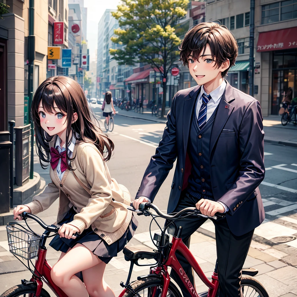 Couple on a bicycle date,A man and a woman riding on one bicycle、beautiful girl,smile、Beautiful girls,Best Quality,uniform,cardigan,blazer,uniformにリボン,Hugging from behind,Long hair horny girl,middle School girls,8K,perfection,