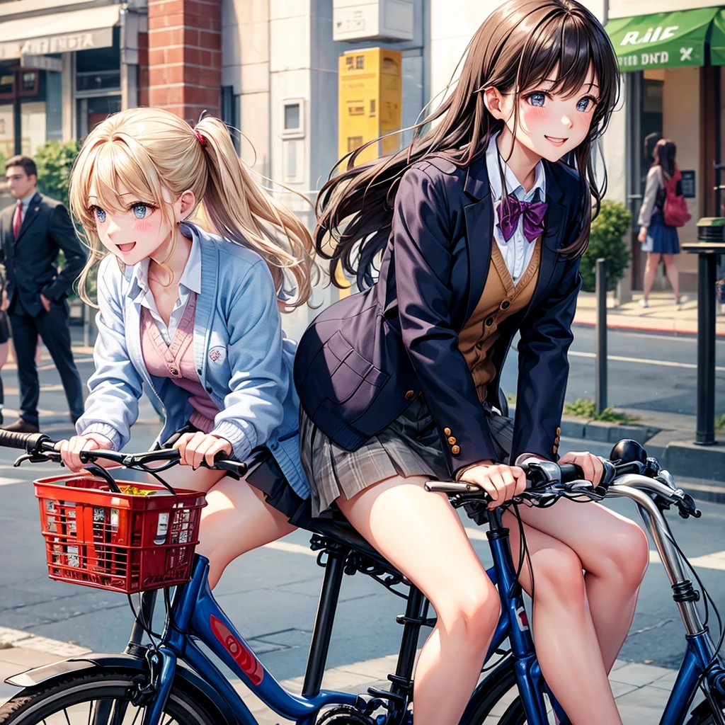 Couple on a bicycle date,A man and a woman riding on one bicycle、beautiful girl,smile、Beautiful girls,Best Quality,uniform,cardigan,blazer,uniformにリボン,Hugging from behind,Long hair horny girl,middle School girls,8K,perfection,