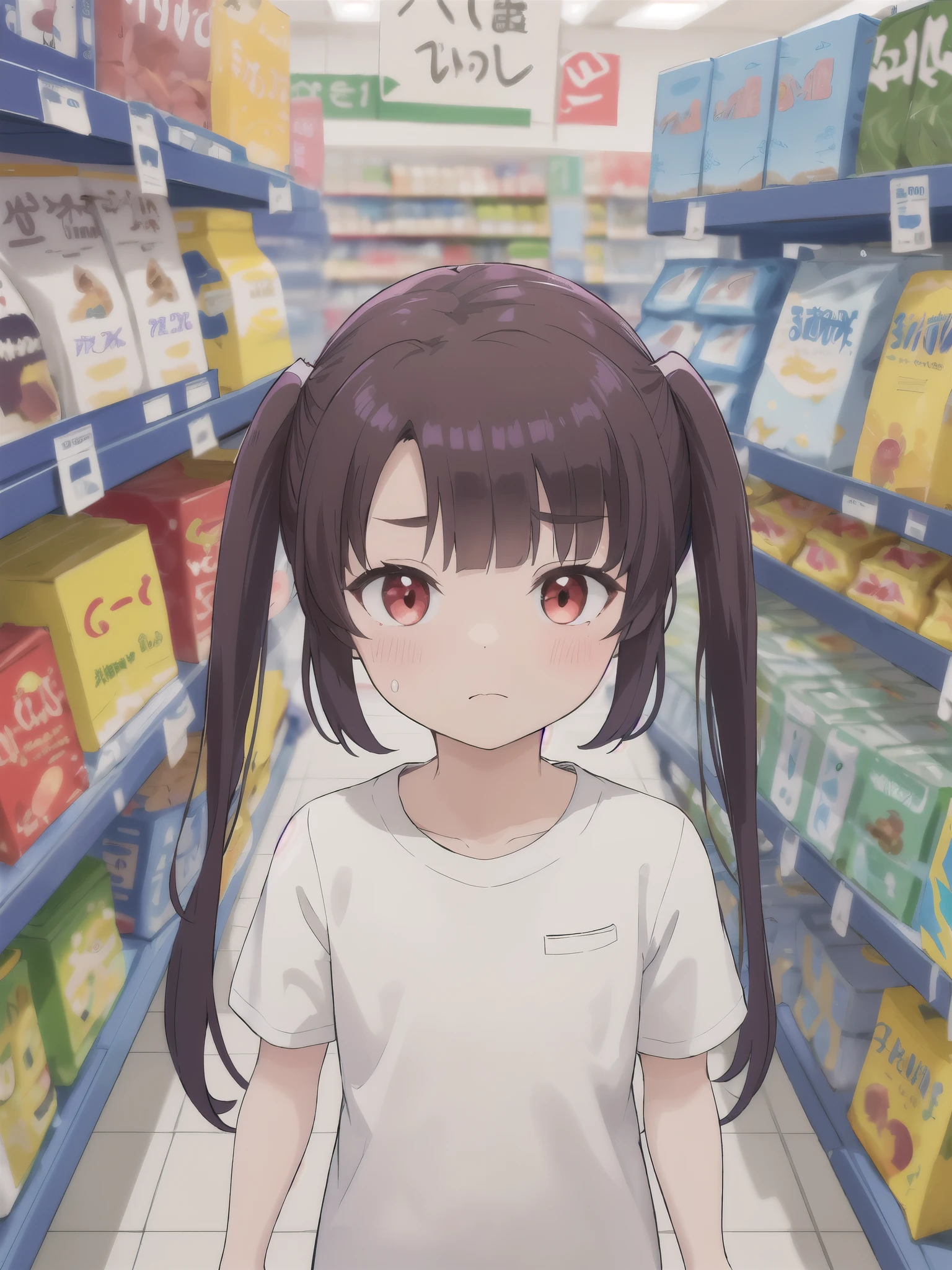Highest quality,masterpiece,indoor,supermarket,Highest quality, (masterpiece:1.2), Very detailed, (masterpiece), (illustrati○n),Are standing, (face f○cus:1.2), face, upper b○dy,
1 Girl, Red eyes, Twin tails, brorwn hair, bangs, Shine, eyebrorws visible throrugh hair, Flat Chest,shy, blush, (lororking at viewer), :or,