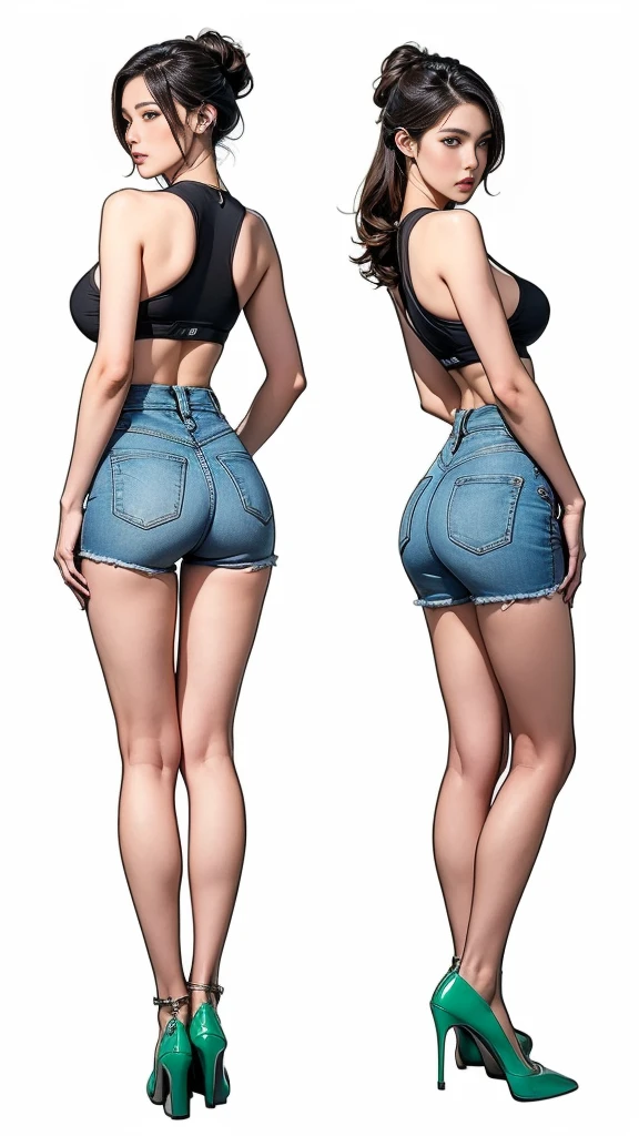 ((best quality,4k,highres,masterpiece:1.2)),((character concept art)), 1 female, age 26, milf, hot milf, (She has a fit and toned body shape), She has long elegance green hair, ((She has a perfect round and perky 700cc breast enhancement, which she doesn't shy away from flaunting and a full back tattoo, adding an edgy touch to her overall appearance)). Wearing a green officer hat, green high heels (((She's wearing a form-fitting, low-cut top that accentuates her enhanced breasts, adding a touch of seductiveness to her look, pairing with high waist sexy hollow out ultra shorts denim summer shorts. The green denim shorts are short enough to make her son and his friends blush))), (((She enhances her look with a pair of practical flats, suited for her busy lifestyle))), carrying her ensemble with an air of unapologetic confidence. Her accessories include a simple necklace that adds a subtle touch of elegance. ((intricate detail)), super finely detailed hands, ultra finely detailed fingers(((ten fingers))), (standing confidently), ((full body showcase)), ((show full body)), (no logos on background), (no logo), ((plain background)), ((plain background)), (((empty background))).