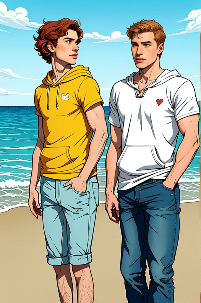 Create a retro illustration heartwarming scene from 'Heartstopper' with Kit Connor and Joe Locke at the beach.Both are white mans. Nick Nelson is a tall, athletic teenager with short, wavy blond/red hair and a kind expression. He often wears casual clothing like a t-shirt and jeans. Charlie Spring is slightly shorter, with dark curly hair and caucasian and a more slender build.he is white. He has a gentle, thoughtful expression and typically wears a hoodie and sneakers. Use soft, warm colors to emphasize the emotional connection between the characters