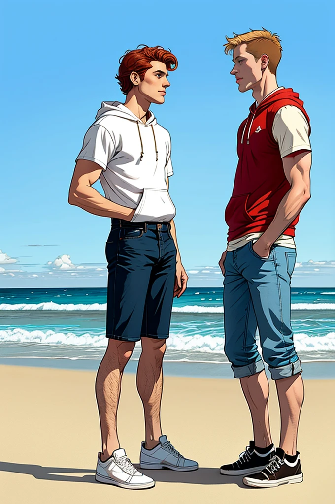 Create a retro illustration heartwarming scene from 'Heartstopper' with Kit Connor and Joe Locke at the beach.Both are white mans. Nick Nelson is a tall, athletic ager with short, wavy blond/red hair and a kind expression. He often wears casual clothing like a t-shirt and jeans. Charlie Spring is slightly shorter, with dark curly hair and caucasian and a more slender build.he is white. He has a gentle, thoughtful expression and typically wears a hoodie and sneakers. Use soft, warm colors to emphasize the emotional connection between the characters