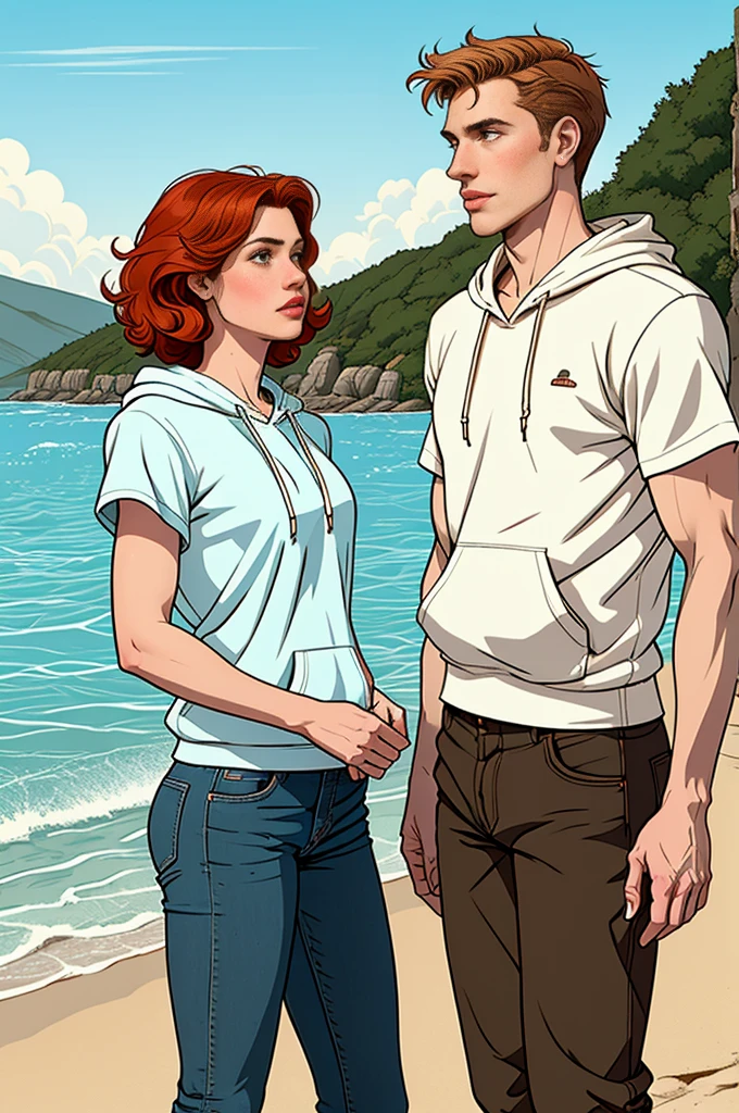 Create a retro illustration heartwarming scene from 'Heartstopper' with Kit Connor and Joe Locke at the beach.Both are white mans. Nick Nelson is a tall, athletic teenager with short, wavy blond/red hair and a kind expression. He often wears casual clothing like a t-shirt and jeans. Charlie Spring is slightly shorter, with dark curly hair and caucasian and a more slender build.he is white. He has a gentle, thoughtful expression and typically wears a hoodie and sneakers. Use soft, warm colors to emphasize the emotional connection between the characters