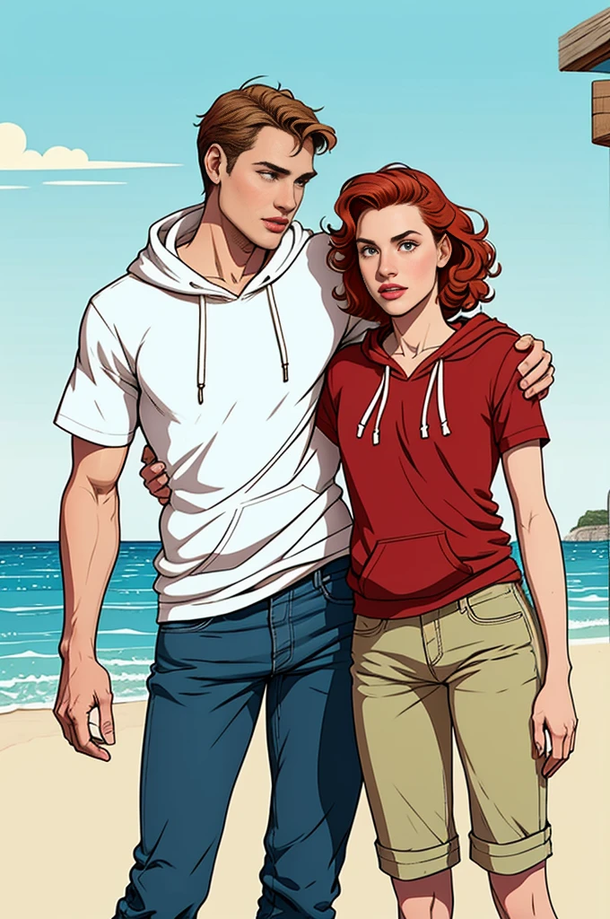 Create a retro illustration heartwarming scene from 'Heartstopper' with Kit Connor and Joe Locke at the beach.Both are white mans. Nick Nelson is a tall, athletic teenager with short, wavy blond/red hair and a kind expression. He often wears casual clothing like a t-shirt and jeans. Charlie Spring is slightly shorter, with dark curly hair and caucasian and a more slender build.he is white. He has a gentle, thoughtful expression and typically wears a hoodie and sneakers. Use soft, warm colors to emphasize the emotional connection between the characters