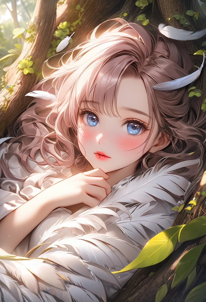 Fantasic Illustration, Masterpiece: 1.2, Highest Quality, Highres, 16k, Beautiful Detailed, Ultra-Realistic, Photo Realistic: 1.37, beautiful and cute girl, wearing feathers:1.3, buried in feathers:1.2, lying down in the covered with feathers shade of a tree and relaxing, growing eyes, shining pupils, blushed cheek, shiny rosy lips, delicate beautiful (hair, face, eyes, pupils, long eyelash, feathers), middle breasts, view from above
