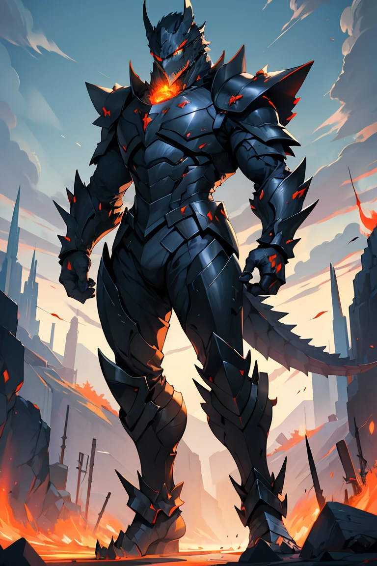 Original Kaiju armor form of a human, sharp, obsidian-like plates that overlap like armor, Elongated and somewhat reptilian head, with a pronounced crest of jagged obsidian spikes running from the forehead to the back of the neck. Four glowing, amber eyes are set deep in the skulls, arms with massive claws and blades, feet have three large, taloned toes, A long, whip-like tail ending in a mace-like cluster of obsidian spike, orange lines and aura in between armor. HD