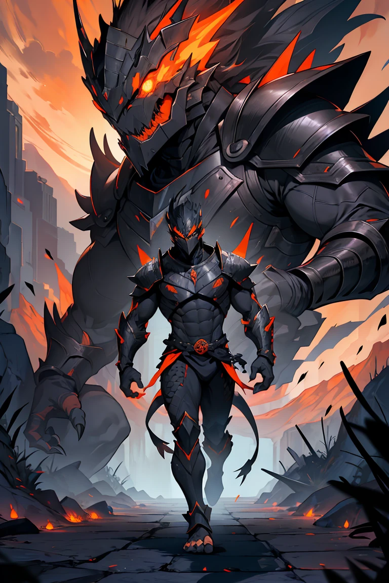 Original Kaiju armor form of a human, sharp, obsidian-like plates that overlap like armor, Elongated and somewhat reptilian head, with a pronounced crest of jagged obsidian spikes running from the forehead to the back of the neck. Four glowing, amber eyes are set deep in the skulls, arms with massive claws and blades, feet have three large, taloned toes, A long, whip-like tail ending in a mace-like cluster of obsidian spike, orange lines and aura in between armor. HD