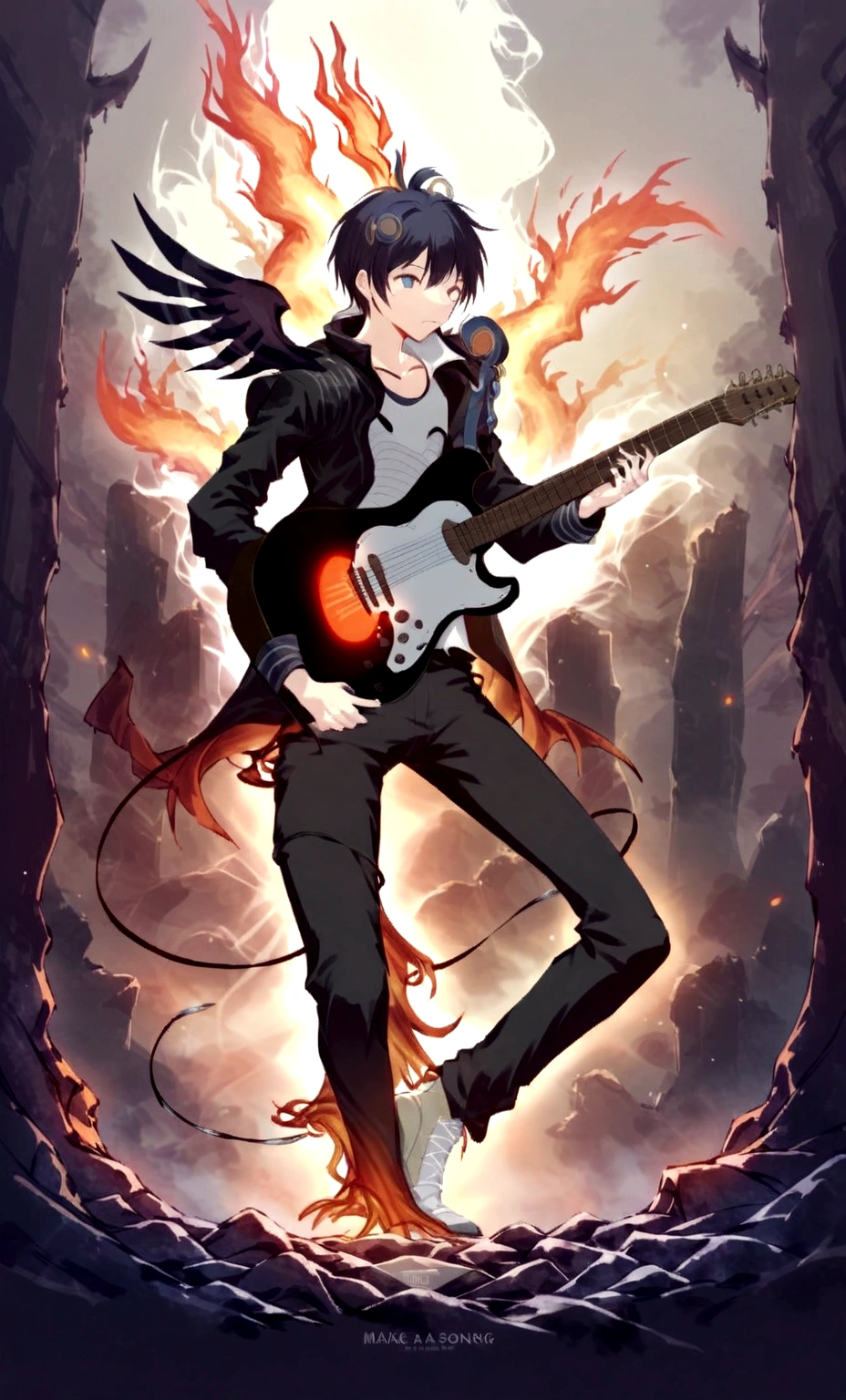 make a cover of a song, basing yourself on a human boy playing the guitar and showing the aura that surrounds him with the energy of the phoenix