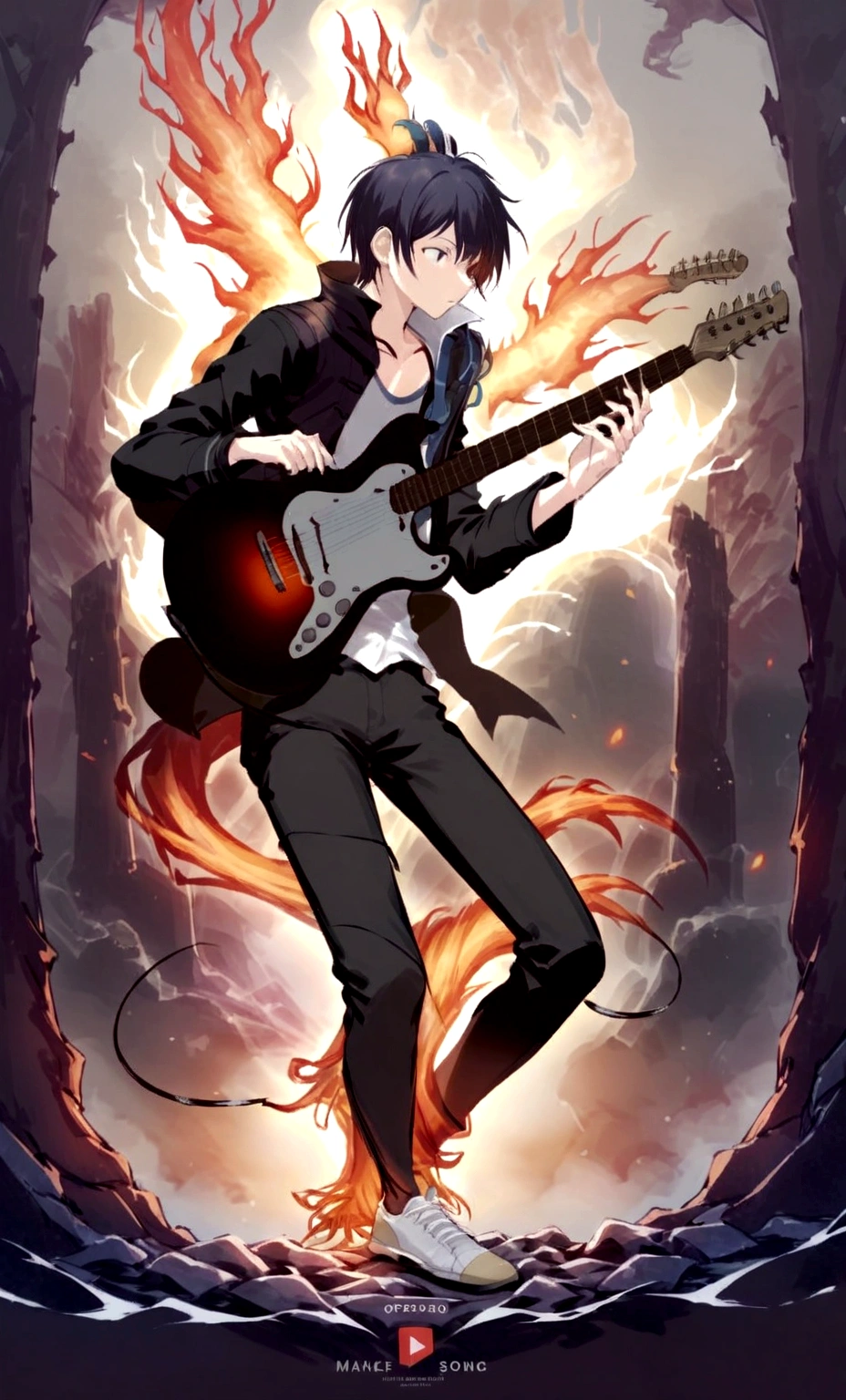 make a cover of a song, basing yourself on a human boy playing the guitar and showing the aura that surrounds him with the energy of the phoenix