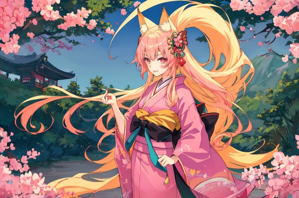 scg, 1girl, (anime:1.3), absurdly long hair, fox ears, fox tail, facepaint, makeup, yellowfox
kimono, japanese clothes, pink kimono maidkimono
(best quality:1.05), (masterpiece:1.1025), (highres:1.05), (an extremely delicate and beautiful:1.05), original, extremely detailed wallpaper,1girl