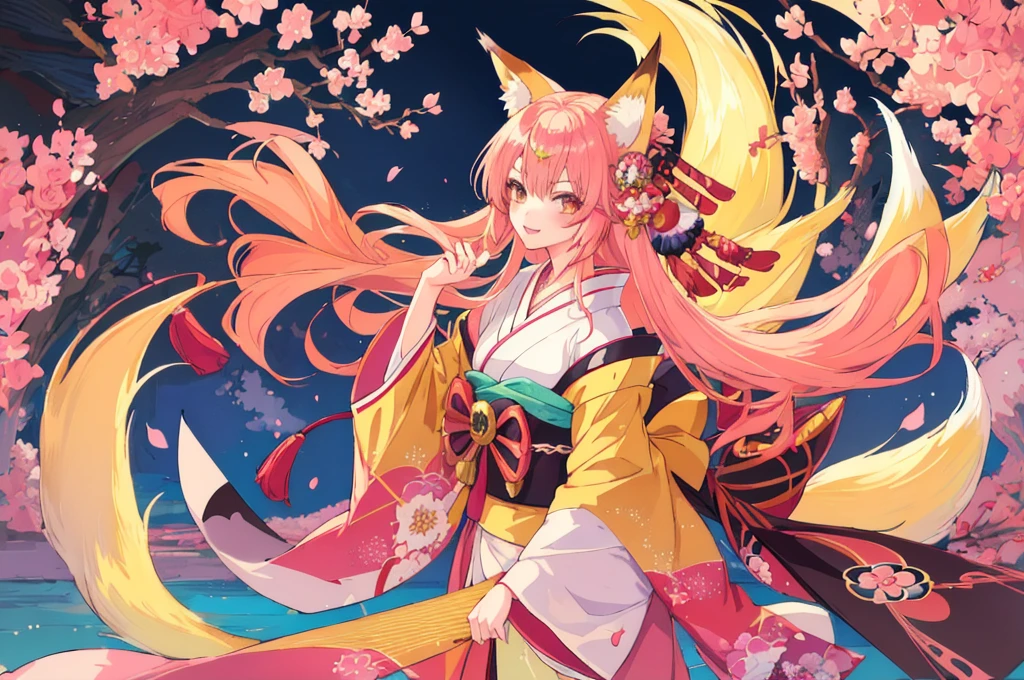 scg, 1girl, (anime:1.3), absurdly long hair, fox ears, fox tail, facepaint, makeup, yellowfox
kimono, japanese clothes, pink kimono maidkimono
(best quality:1.05), (masterpiece:1.1025), (highres:1.05), (an extremely delicate and beautiful:1.05), original, extremely detailed wallpaper,1girl