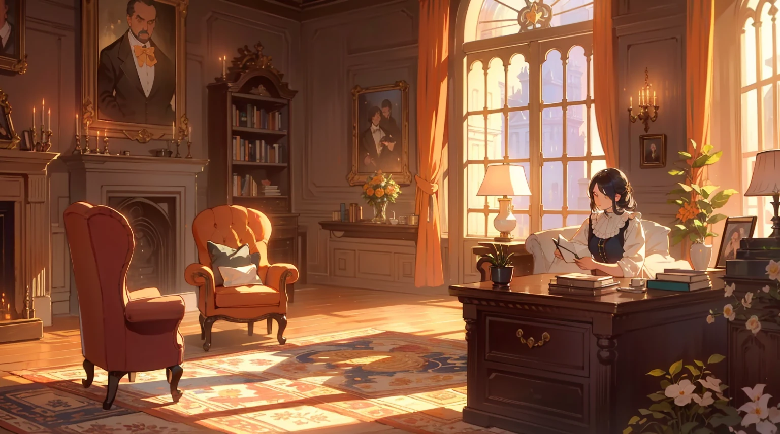 (best quality,masterpiece:1.2,detailed details,4k),Middle Ages, a gorgeous mafia boss's office,,Interior, victorian Manor with reliquies, (((Nigth))), (((moonligth enters the living room))) soft pale orange palette, soft secundary exterior ligth