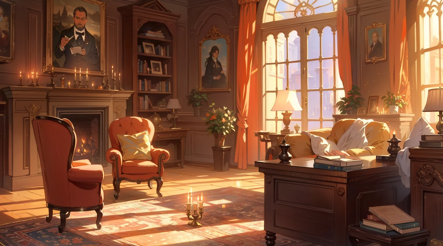 (best quality,masterpiece:1.2,detailed details,4k),Middle Ages, a gorgeous mafia boss's office,,Interior, victorian Manor with reliquies, (((Nigth))), (((moonligth enters the living room))) soft pale orange palette, soft secundary exterior ligth