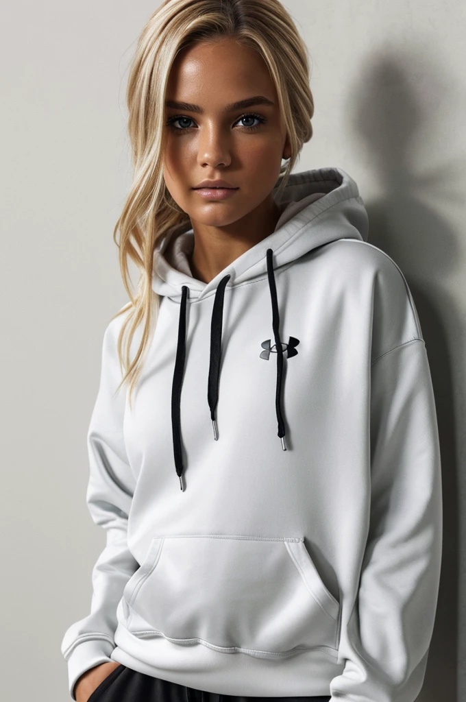 photorealistic, best quality, hyper detailed, beautiful woman with natural dirty blonde hair, photo, full body, solo, wearing a black under armour hoodie and white sweatpants,(comfortable), skin texture, film grain, close up, ultra high res, best shadow, RAW, instagram LUT