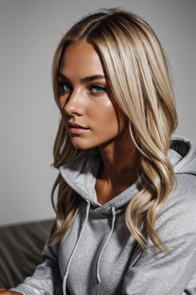 photorealistic, best quality, hyper detailed, beautiful woman with natural dirty blonde hair, photo, full body, solo, wearing a black under armour hoodie and white sweatpants,(comfortable), skin texture, film grain, close up, ultra high res, best shadow, RAW, instagram LUT