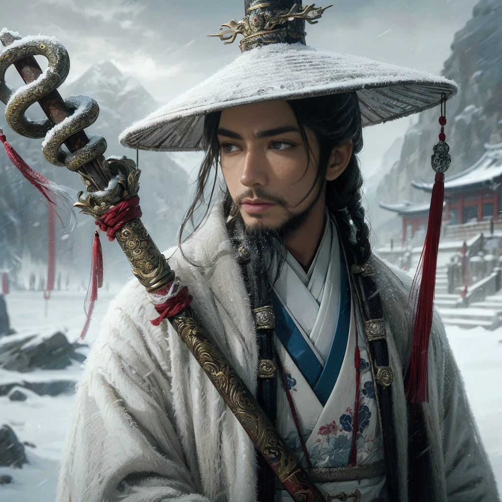(Masterpiece:1.2), (Best Quality:1.2), (high resolution:1.2), (beautiful face and eye:1.2), (sharpest focus:1.2), (Ultra-realistic Photo:1.2), (Ultra-precise Photo:1.2), (Depth of field:1.2), (perfect anatomy:1.2), (nice hands:1.2), 
(perfect hands:1.2), (five fingers:1.2), (Young, fearless, beautiful, shady Chinese man:1.0), (Lonely Chinese warrior with spear:1.0), (Neatly trimmed short beard and tied hair:1.0), (Blazing Chinese period drama style fortress:1.0), 
(long spear with serpentine blade and ornate decoration:1.0), (white tsubakuhiro cap and cloak:1.0), (white armor with red, blue, and yellow coloring:1.0), (snowstorm:1.0), (melancholy expression:1.0), (picturesque standing figure:1.0),